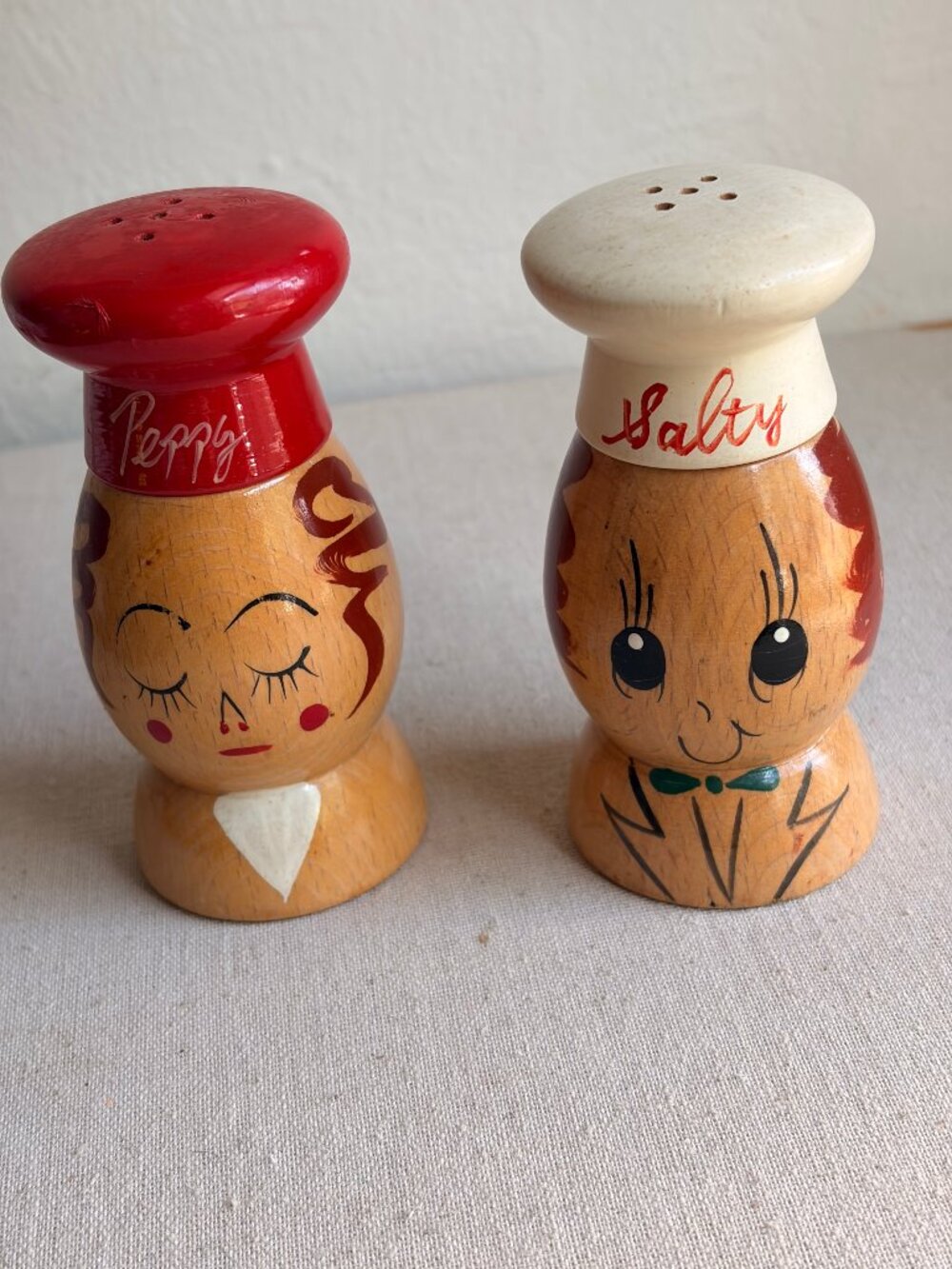 Salty & Peppy Salt Pepper Wood Shakers Vintage Japan